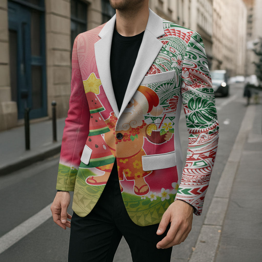Hawaiian Watermelon Mele Kalikimaka Blazer Tropical Tribal Pattern with Funny Santa Claus LT03 - Polynesian Pride