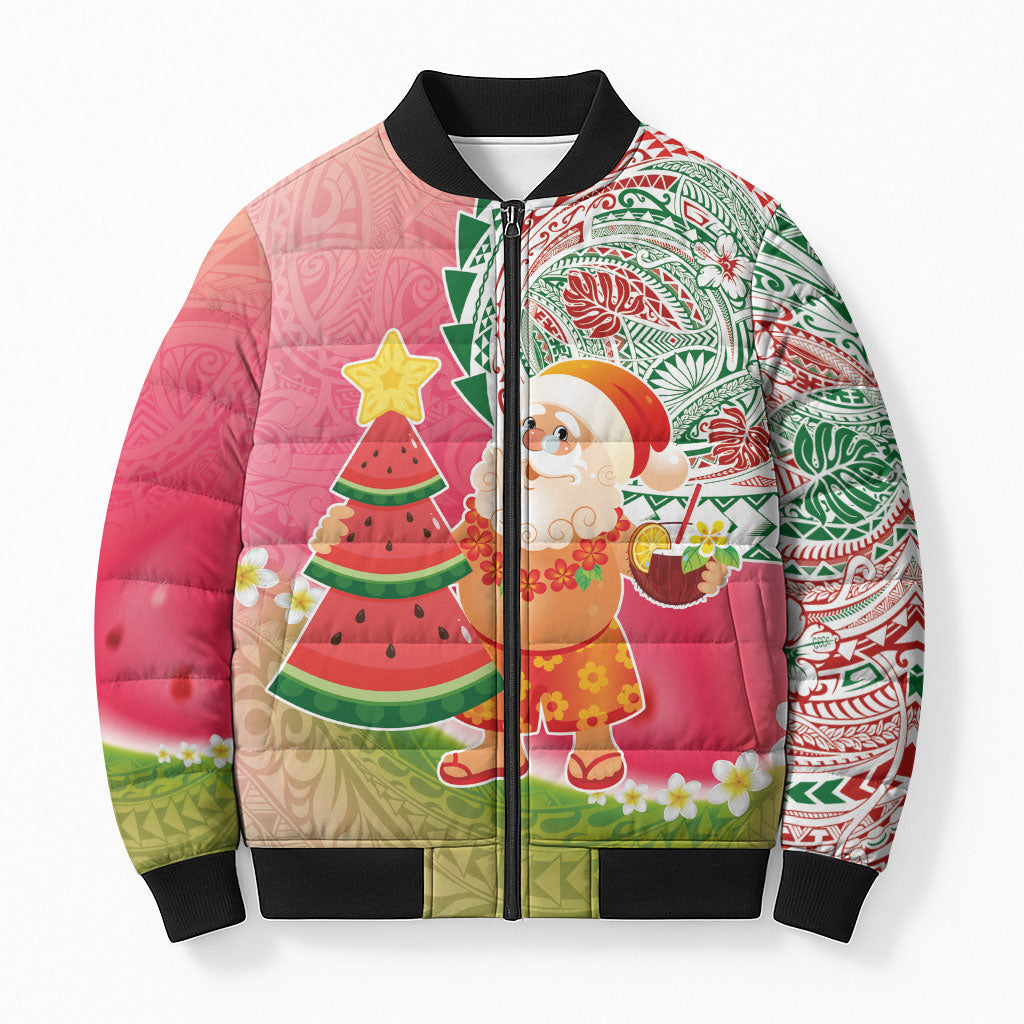 Hawaiian Watermelon Mele Kalikimaka Bomber Puffer Jacket Tropical Tribal Pattern with Funny Santa Claus LT03 Unisex Multicolor - Polynesian Pride