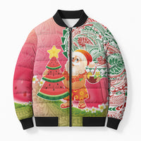 Hawaiian Watermelon Mele Kalikimaka Bomber Puffer Jacket Tropical Tribal Pattern with Funny Santa Claus LT03 Unisex Multicolor - Polynesian Pride