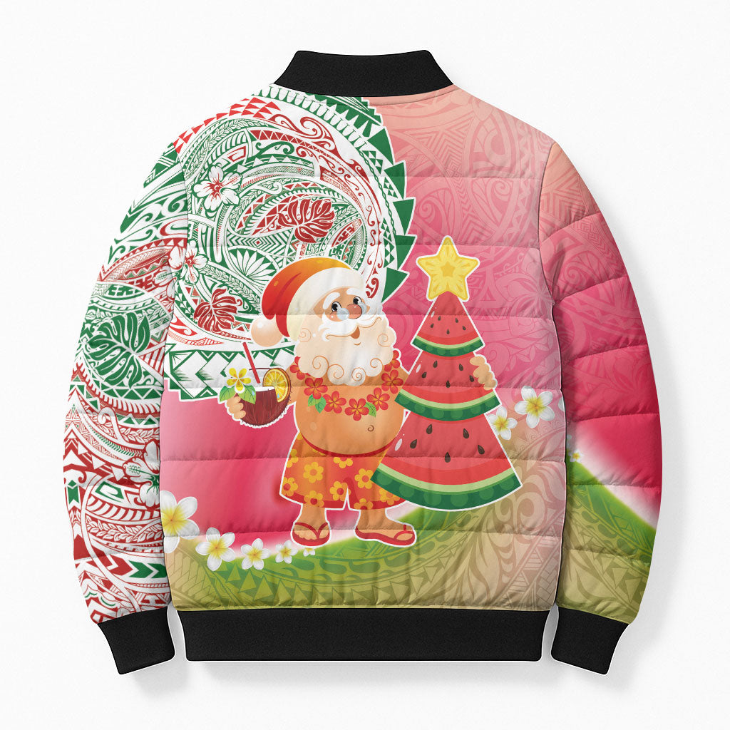 Hawaiian Watermelon Mele Kalikimaka Bomber Puffer Jacket Tropical Tribal Pattern with Funny Santa Claus LT03 - Polynesian Pride