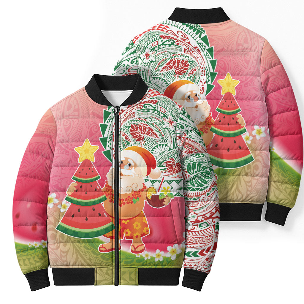 Hawaiian Watermelon Mele Kalikimaka Bomber Puffer Jacket Tropical Tribal Pattern with Funny Santa Claus LT03 - Polynesian Pride