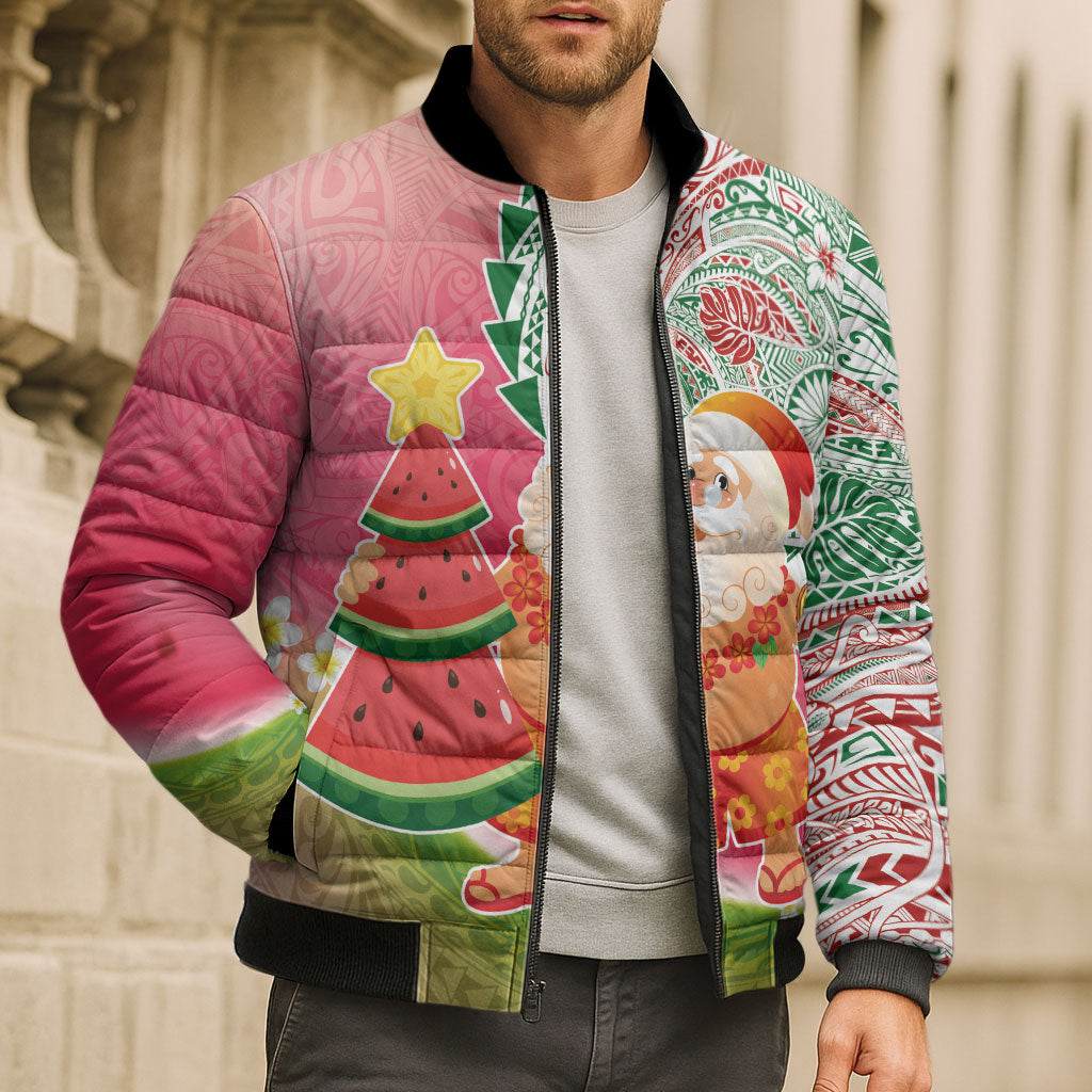 Hawaiian Watermelon Mele Kalikimaka Bomber Puffer Jacket Tropical Tribal Pattern with Funny Santa Claus LT03 - Polynesian Pride