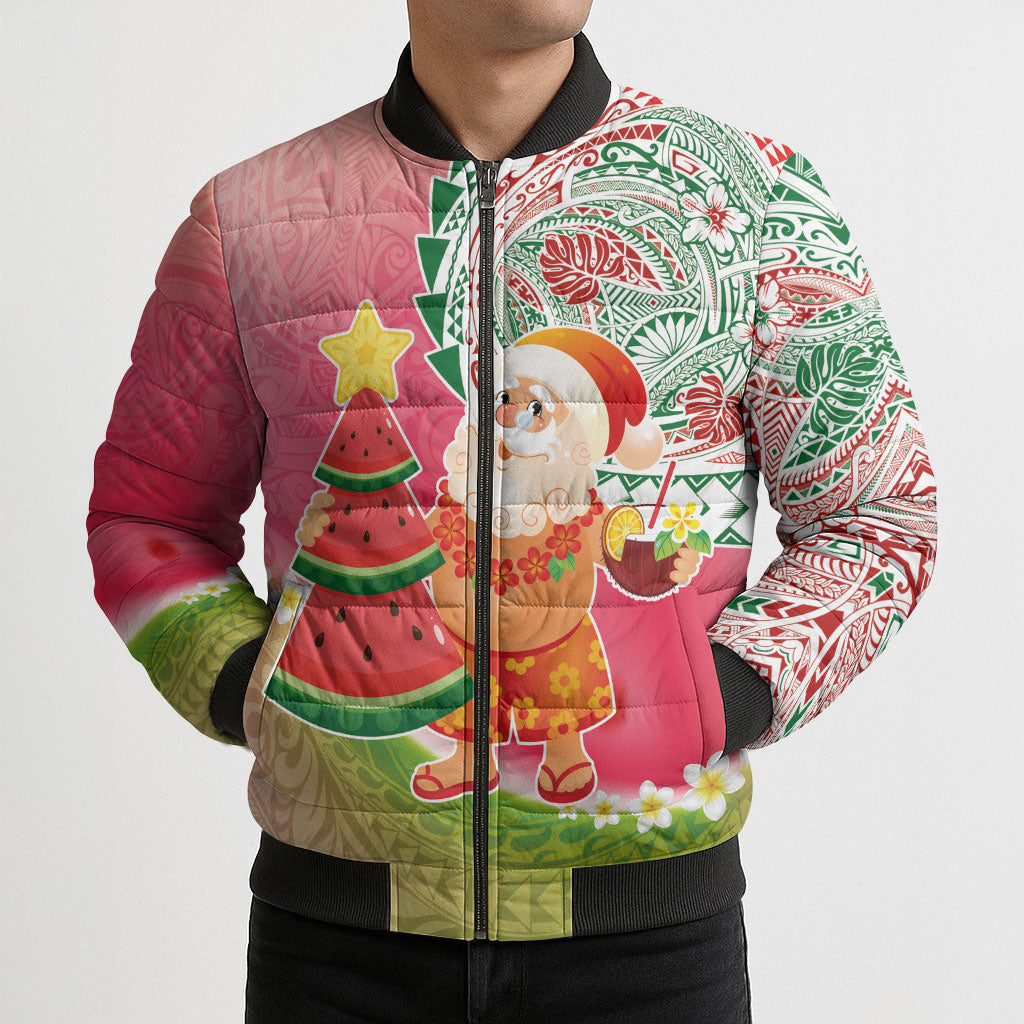 Hawaiian Watermelon Mele Kalikimaka Bomber Puffer Jacket Tropical Tribal Pattern with Funny Santa Claus LT03 - Polynesian Pride