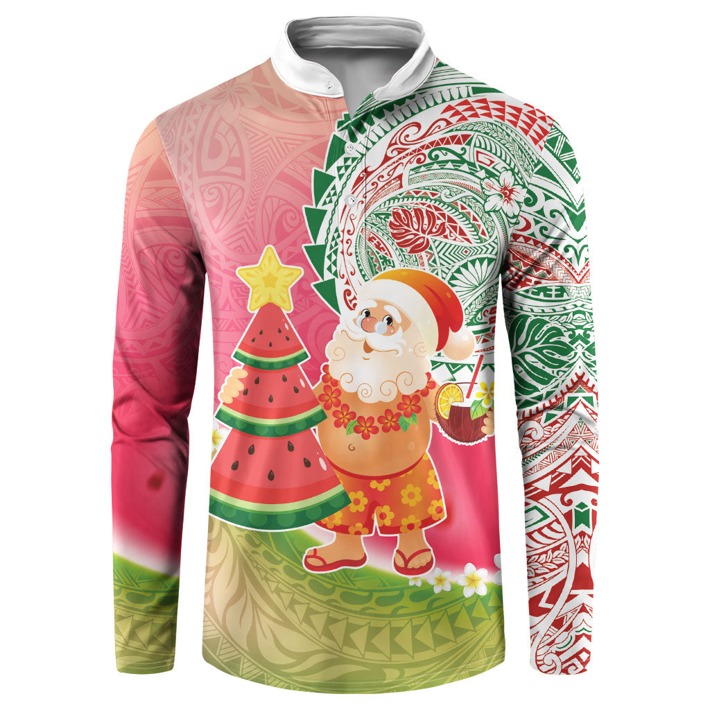 Hawaiian Watermelon Mele Kalikimaka Button Sweatshirt Tropical Tribal Pattern with Funny Santa Claus LT03 Multicolor - Polynesian Pride