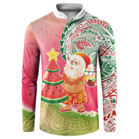 Hawaiian Watermelon Mele Kalikimaka Button Sweatshirt Tropical Tribal Pattern with Funny Santa Claus LT03 Multicolor - Polynesian Pride