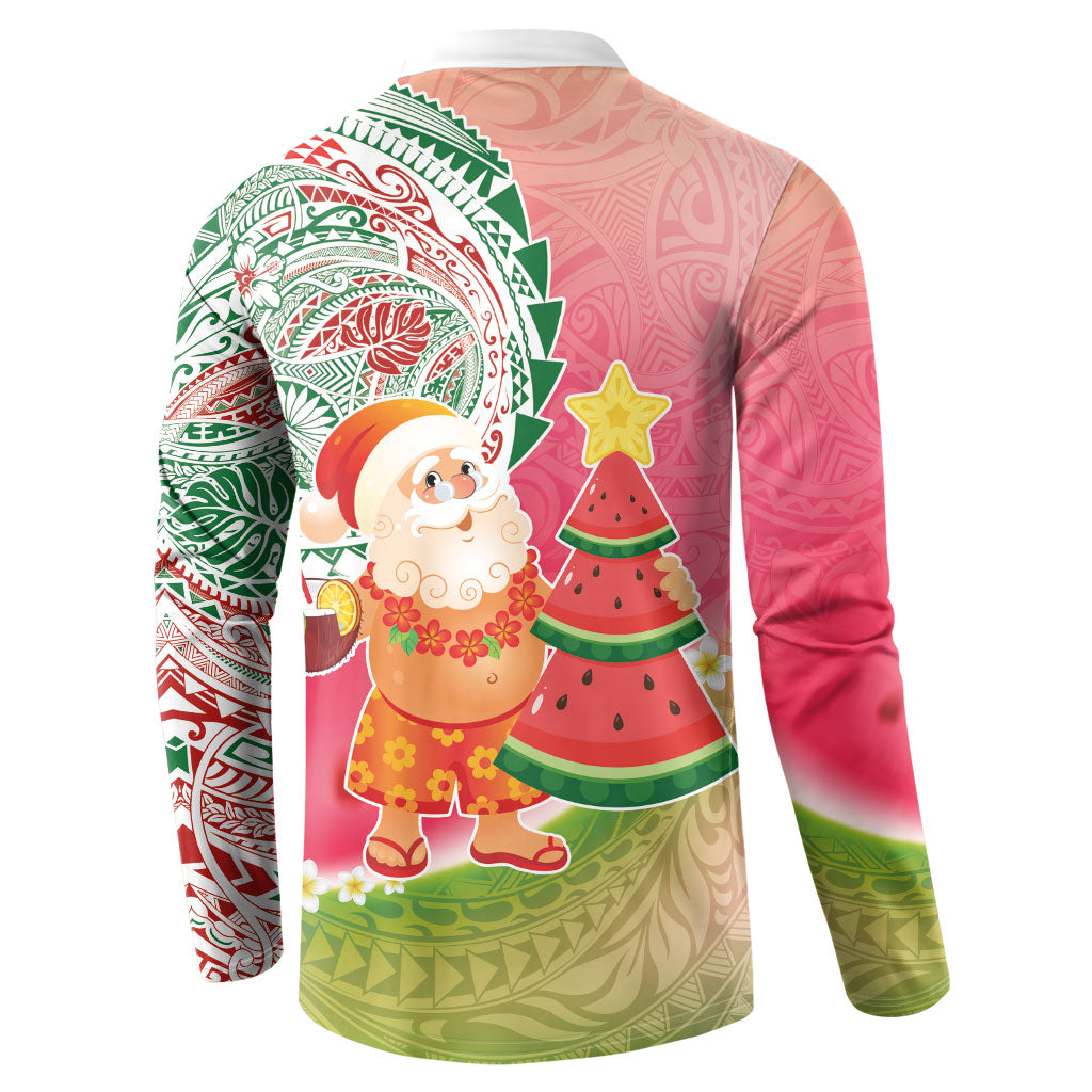 Hawaiian Watermelon Mele Kalikimaka Button Sweatshirt Tropical Tribal Pattern with Funny Santa Claus LT03 - Polynesian Pride