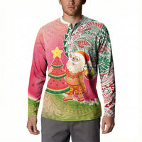 Hawaiian Watermelon Mele Kalikimaka Button Sweatshirt Tropical Tribal Pattern with Funny Santa Claus LT03 - Polynesian Pride