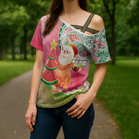 Hawaiian Watermelon Mele Kalikimaka Cross Shoulder Shirt Tropical Tribal Pattern with Funny Santa Claus LT03 - Polynesian Pride