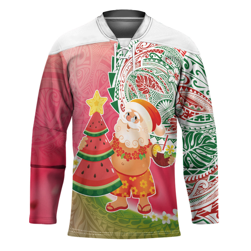 Hawaiian Watermelon Mele Kalikimaka Hockey Jersey Tropical Tribal Pattern with Funny Santa Claus LT03 Unisex Multicolor - Polynesian Pride