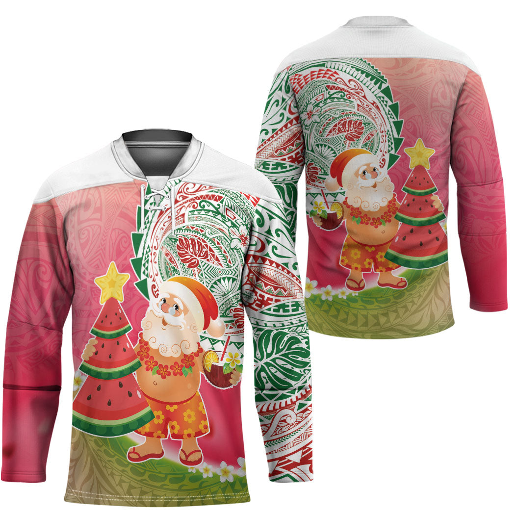 Hawaiian Watermelon Mele Kalikimaka Hockey Jersey Tropical Tribal Pattern with Funny Santa Claus LT03 - Polynesian Pride