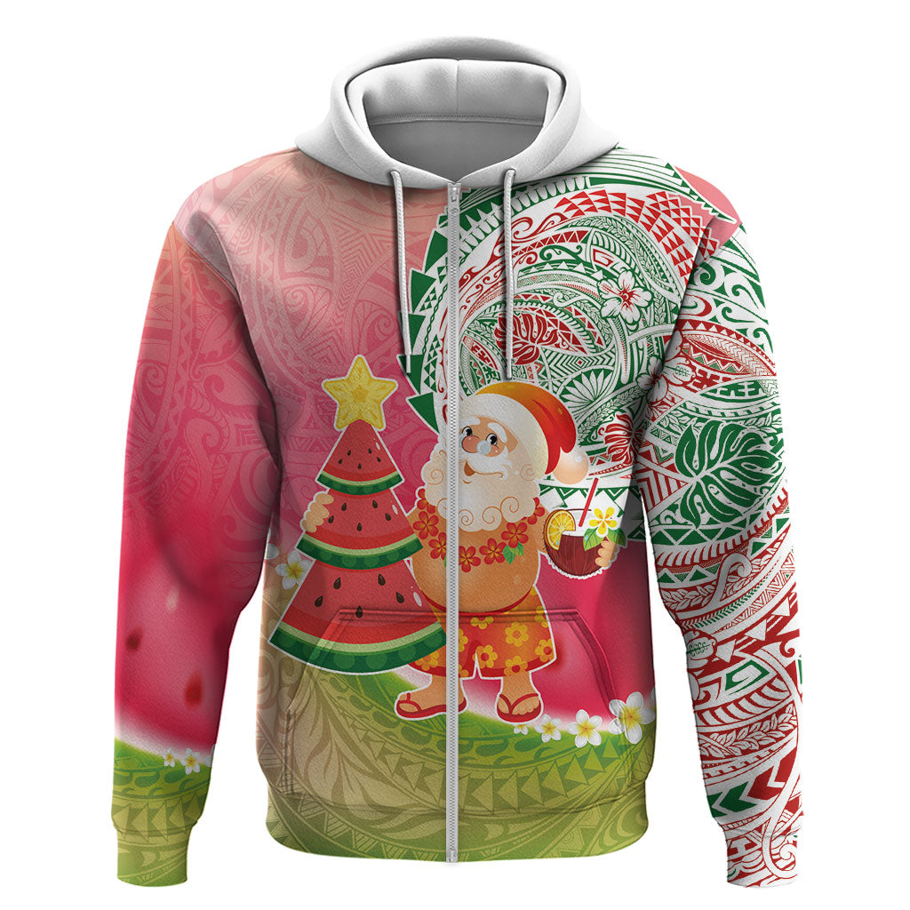 Hawaiian Watermelon Mele Kalikimaka Hoodie Tropical Tribal Pattern with Funny Santa Claus LT03 Zip Hoodie Multicolor - Polynesian Pride