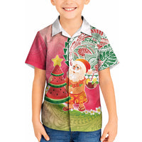 Hawaiian Watermelon Mele Kalikimaka Kid Hawaiian Shirt Tropical Tribal Pattern with Funny Santa Claus LT03 Kid Multicolor - Polynesian Pride