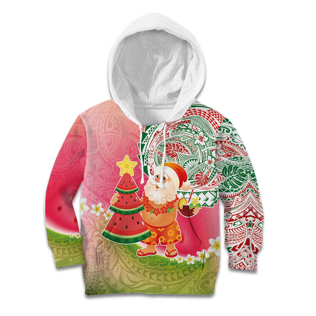 Hawaiian Watermelon Mele Kalikimaka Kid Hoodie Tropical Tribal Pattern with Funny Santa Claus LT03 Hoodie Multicolor - Polynesian Pride