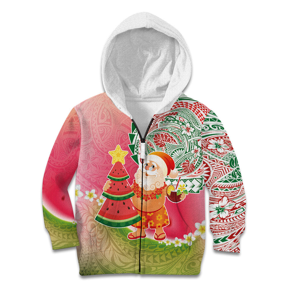Hawaiian Watermelon Mele Kalikimaka Kid Hoodie Tropical Tribal Pattern with Funny Santa Claus LT03 Zip Hoodie Multicolor - Polynesian Pride