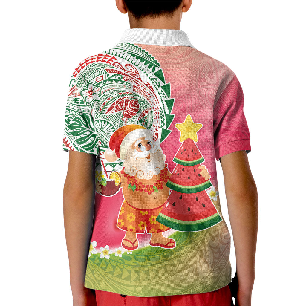 Hawaiian Watermelon Mele Kalikimaka Kid Polo Shirt Tropical Tribal Pattern with Funny Santa Claus LT03 - Polynesian Pride