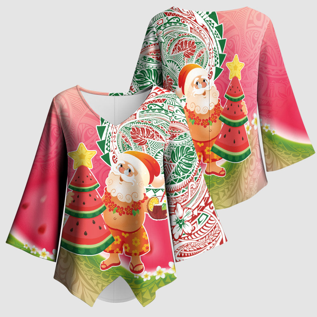 Hawaiian Watermelon Mele Kalikimaka Kimono Sleeve Blouse Tropical Tribal Pattern with Funny Santa Claus LT03 - Polynesian Pride