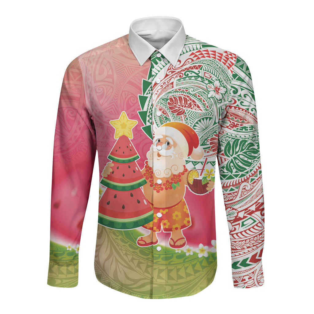 Hawaiian Watermelon Mele Kalikimaka Long Sleeve Button Shirt Tropical Tribal Pattern with Funny Santa Claus LT03 Unisex Multicolor - Polynesian Pride