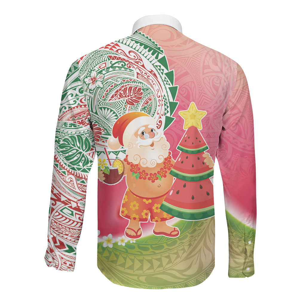 Hawaiian Watermelon Mele Kalikimaka Long Sleeve Button Shirt Tropical Tribal Pattern with Funny Santa Claus LT03 - Polynesian Pride