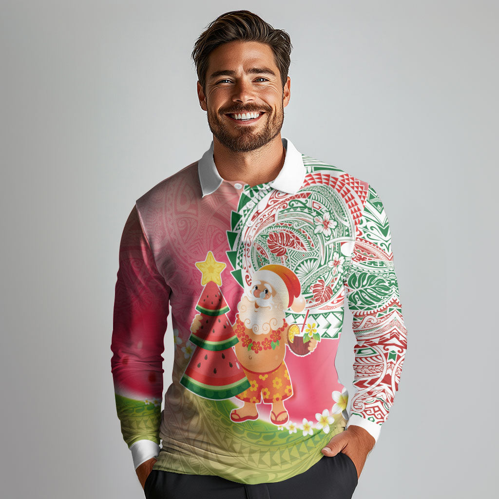 Hawaiian Watermelon Mele Kalikimaka Long Sleeve Polo Shirt Tropical Tribal Pattern with Funny Santa Claus LT03 - Polynesian Pride