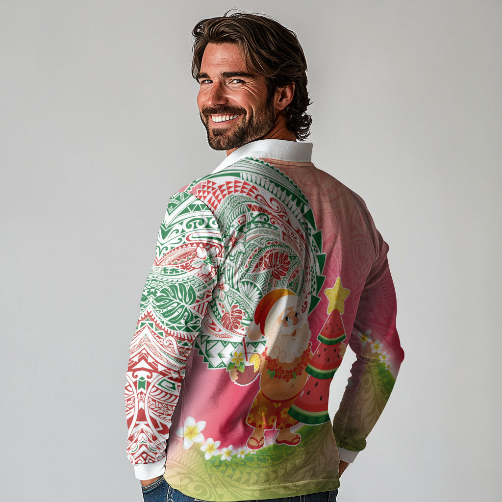 Hawaiian Watermelon Mele Kalikimaka Long Sleeve Polo Shirt Tropical Tribal Pattern with Funny Santa Claus LT03 - Polynesian Pride