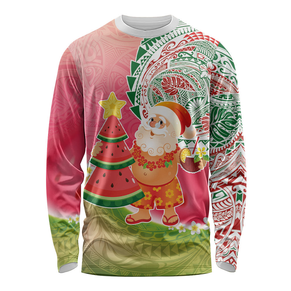 Hawaiian Watermelon Mele Kalikimaka Long Sleeve Shirt Tropical Tribal Pattern with Funny Santa Claus LT03 Unisex Multicolor - Polynesian Pride