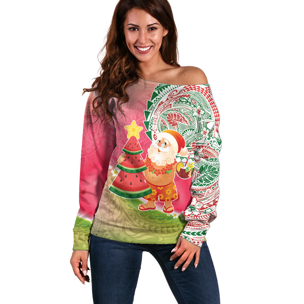 Hawaiian Watermelon Mele Kalikimaka Off Shoulder Sweater Tropical Tribal Pattern with Funny Santa Claus LT03 Women Multicolor - Polynesian Pride