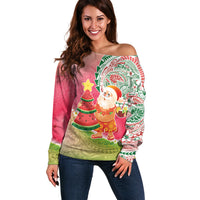 Hawaiian Watermelon Mele Kalikimaka Off Shoulder Sweater Tropical Tribal Pattern with Funny Santa Claus LT03 Women Multicolor - Polynesian Pride
