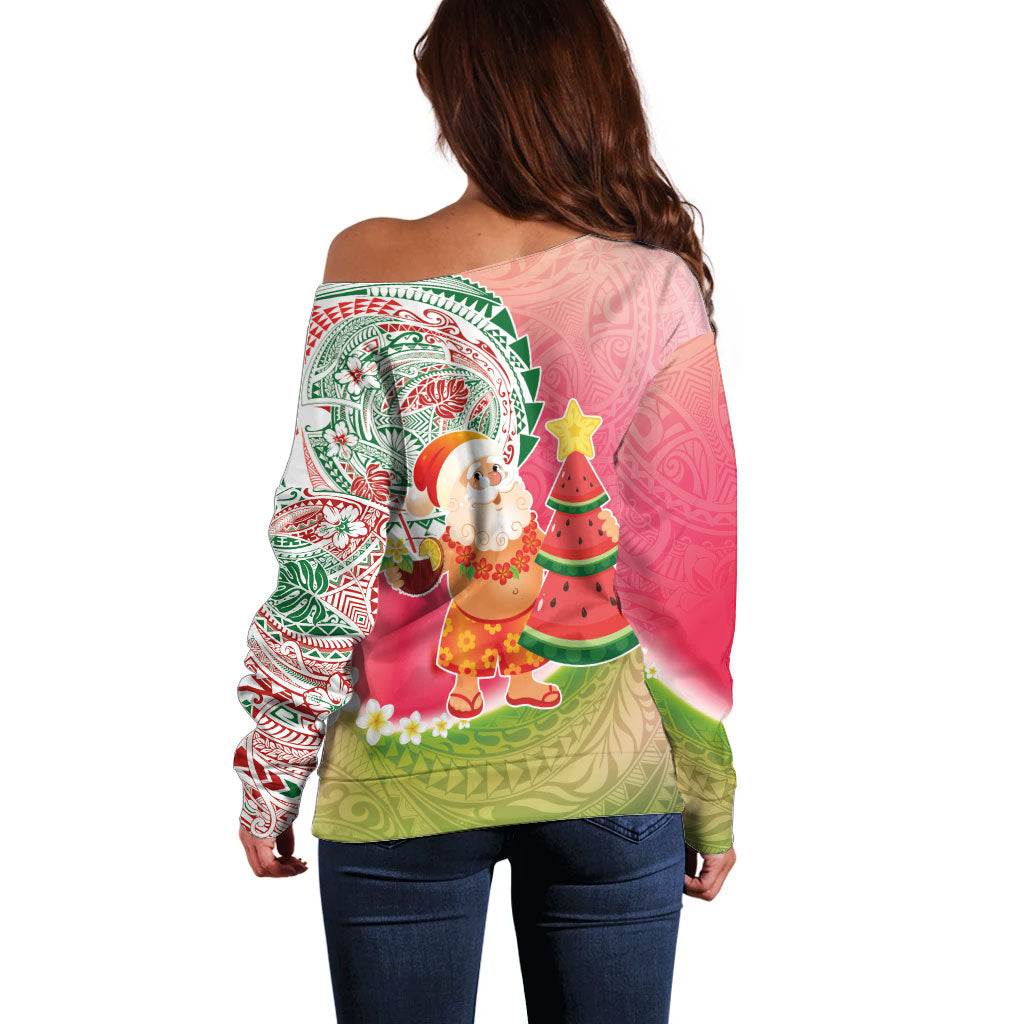 Hawaiian Watermelon Mele Kalikimaka Off Shoulder Sweater Tropical Tribal Pattern with Funny Santa Claus LT03 - Polynesian Pride