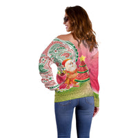 Hawaiian Watermelon Mele Kalikimaka Off Shoulder Sweater Tropical Tribal Pattern with Funny Santa Claus LT03 - Polynesian Pride
