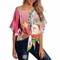 Hawaiian Watermelon Mele Kalikimaka Off Shoulder Wrap Waist Top Tropical Tribal Pattern with Funny Santa Claus LT03 Multicolor - Polynesian Pride
