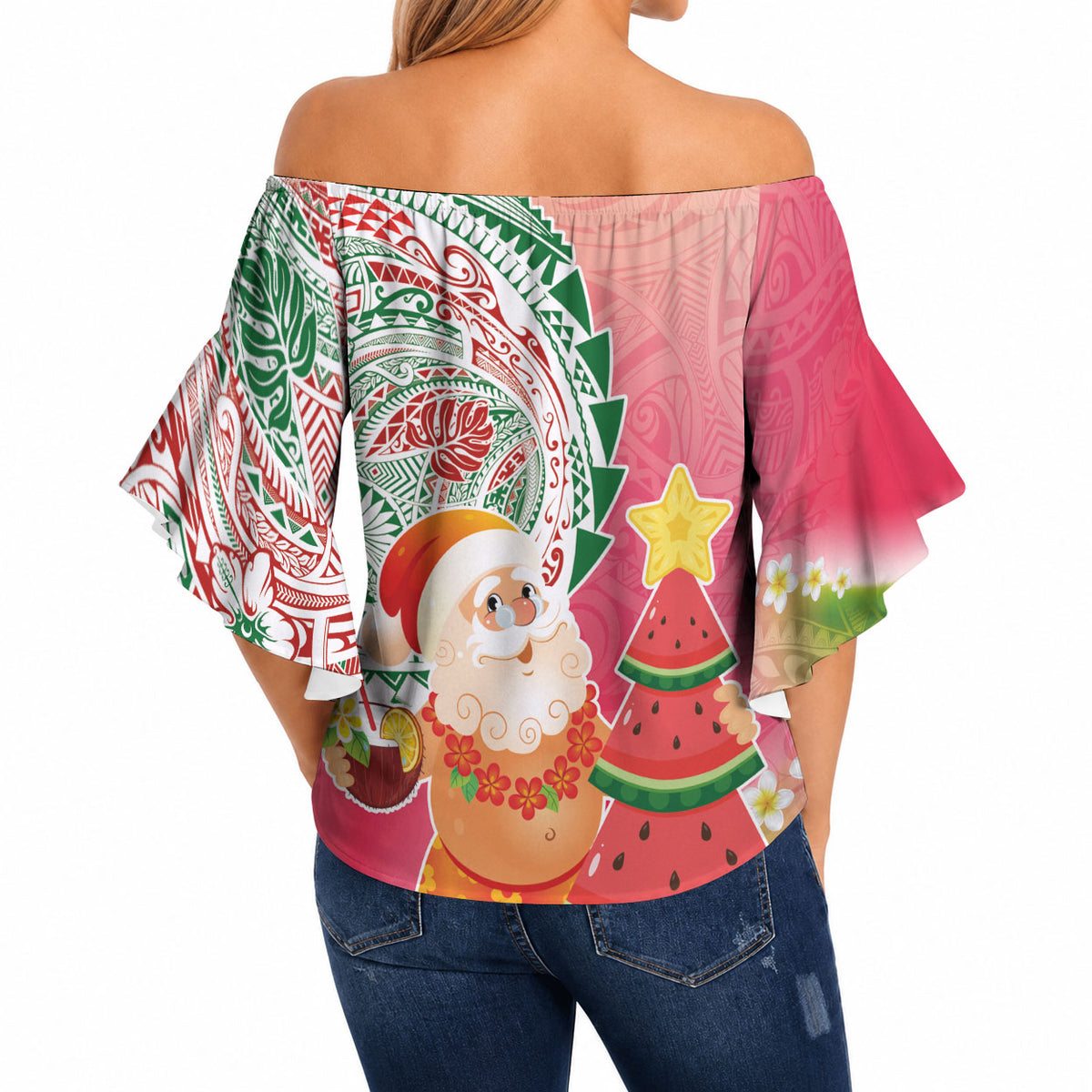 Hawaiian Watermelon Mele Kalikimaka Off Shoulder Wrap Waist Top Tropical Tribal Pattern with Funny Santa Claus LT03 - Polynesian Pride