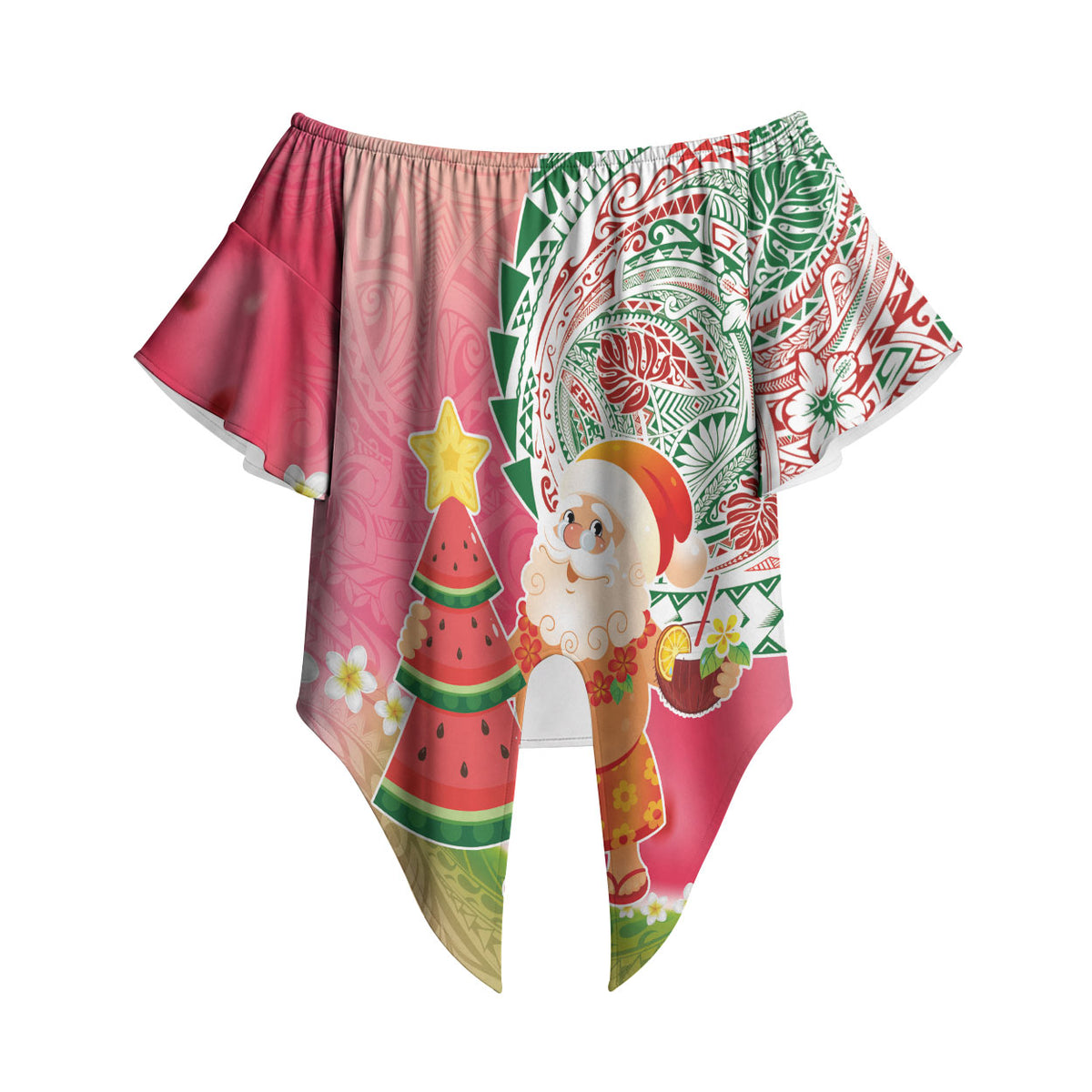 Hawaiian Watermelon Mele Kalikimaka Off Shoulder Wrap Waist Top Tropical Tribal Pattern with Funny Santa Claus LT03 - Polynesian Pride