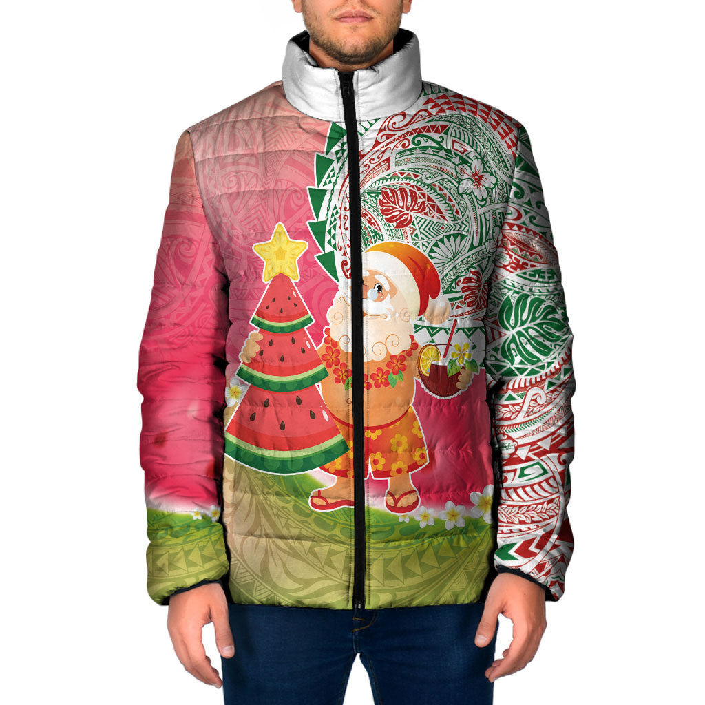 Hawaiian Watermelon Mele Kalikimaka Padded Jacket Tropical Tribal Pattern with Funny Santa Claus LT03 Men Multicolor - Polynesian Pride