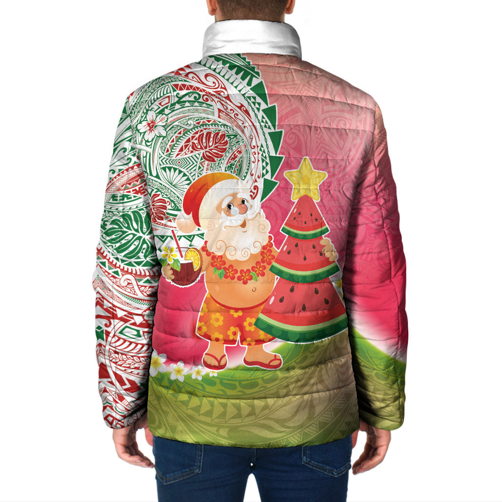 Hawaiian Watermelon Mele Kalikimaka Padded Jacket Tropical Tribal Pattern with Funny Santa Claus LT03 - Polynesian Pride