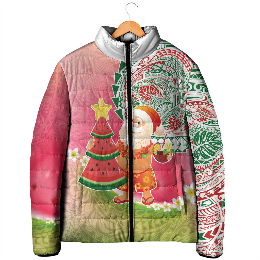Hawaiian Watermelon Mele Kalikimaka Padded Jacket Tropical Tribal Pattern with Funny Santa Claus LT03 - Polynesian Pride