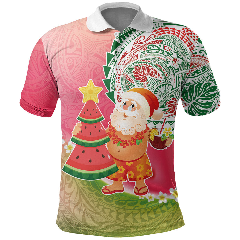 Hawaiian Watermelon Mele Kalikimaka Polo Shirt Tropical Tribal Pattern with Funny Santa Claus LT03 Multicolor - Polynesian Pride