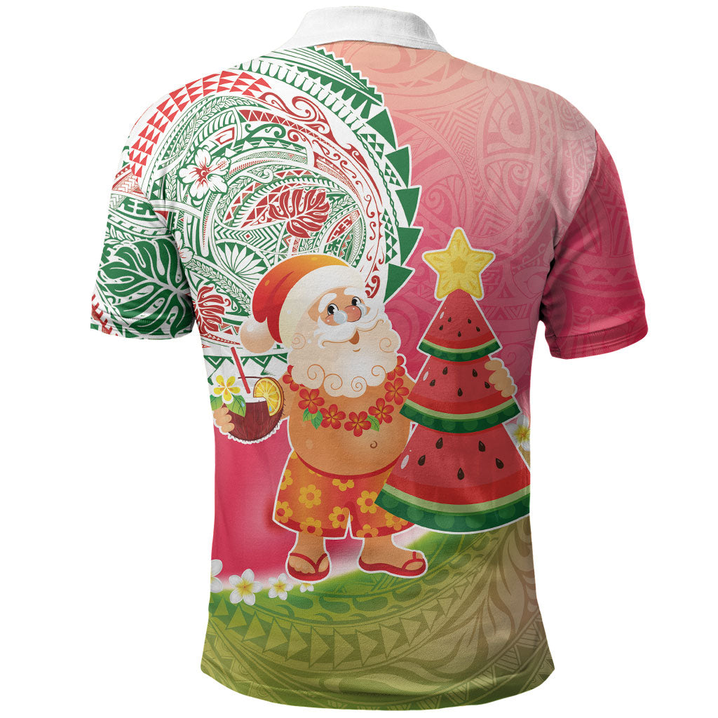 Hawaiian Watermelon Mele Kalikimaka Polo Shirt Tropical Tribal Pattern with Funny Santa Claus LT03 - Polynesian Pride