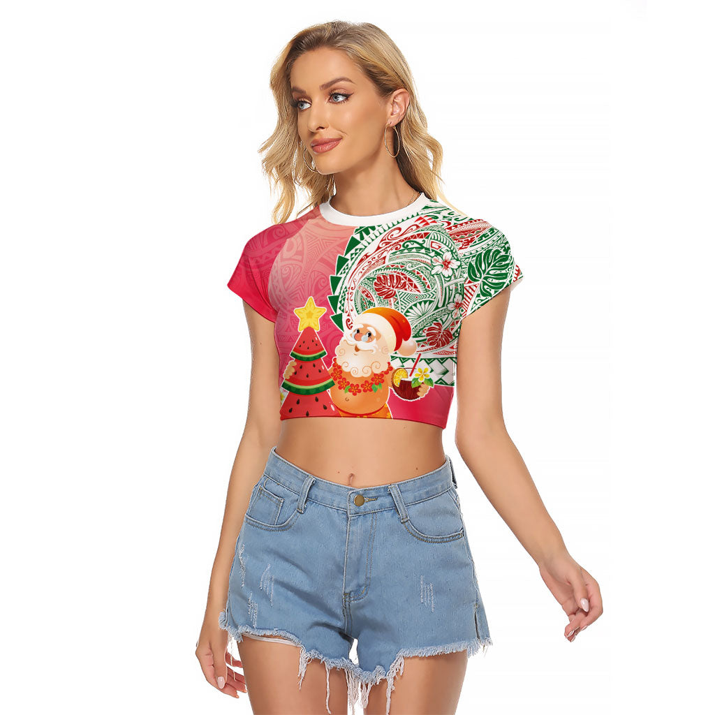 Hawaiian Watermelon Mele Kalikimaka Raglan Cropped T Shirt Tropical Tribal Pattern with Funny Santa Claus LT03 Female Multicolor - Polynesian Pride