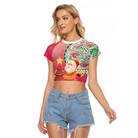 Hawaiian Watermelon Mele Kalikimaka Raglan Cropped T Shirt Tropical Tribal Pattern with Funny Santa Claus LT03 Female Multicolor - Polynesian Pride