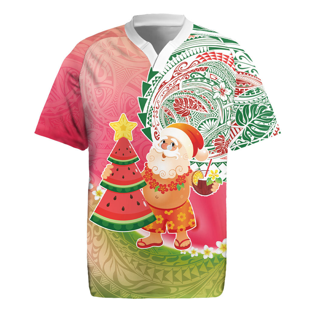 Hawaiian Watermelon Mele Kalikimaka Rugby Jersey Tropical Tribal Pattern with Funny Santa Claus LT03 Multicolor - Polynesian Pride