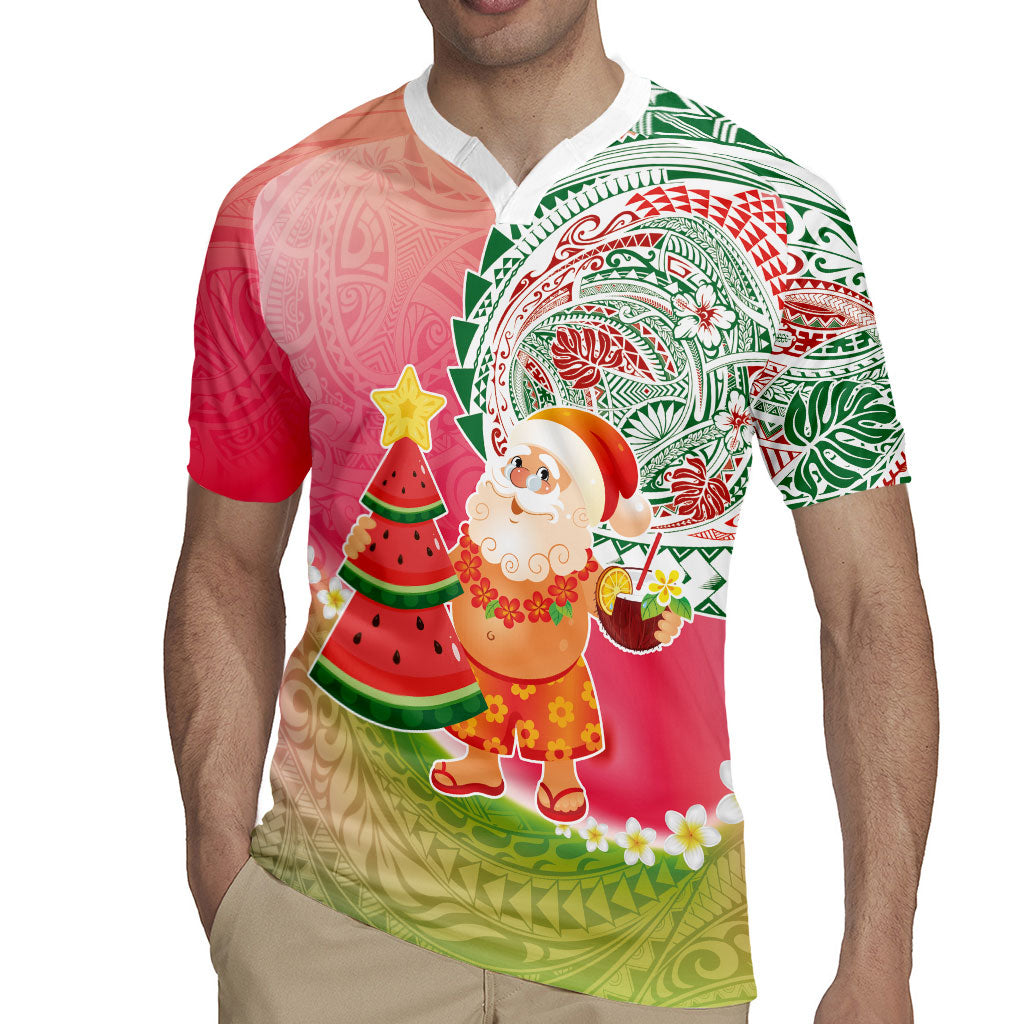Hawaiian Watermelon Mele Kalikimaka Rugby Jersey Tropical Tribal Pattern with Funny Santa Claus LT03 - Polynesian Pride