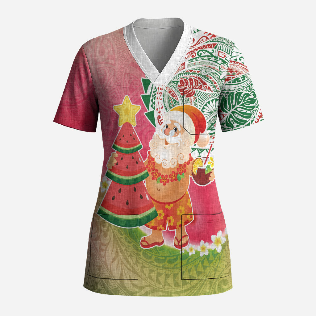 Hawaiian Watermelon Mele Kalikimaka Scrub Top Tropical Tribal Pattern with Funny Santa Claus LT03 Adult Multicolor - Polynesian Pride