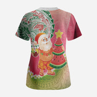 Hawaiian Watermelon Mele Kalikimaka Scrub Top Tropical Tribal Pattern with Funny Santa Claus LT03 - Polynesian Pride