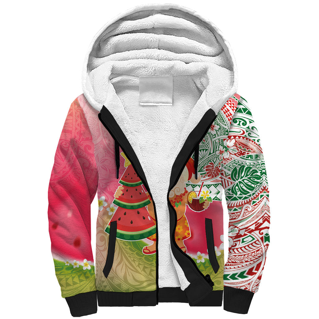 Hawaiian Watermelon Mele Kalikimaka Sherpa Hoodie Tropical Tribal Pattern with Funny Santa Claus LT03 Unisex Multicolor - Polynesian Pride