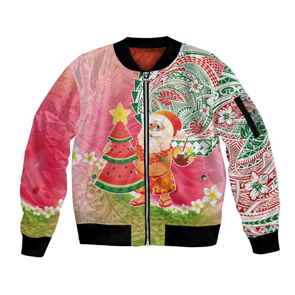 Hawaiian Watermelon Mele Kalikimaka Sleeve Zip Bomber Jacket Tropical Tribal Pattern with Funny Santa Claus LT03 Unisex Multicolor - Polynesian Pride