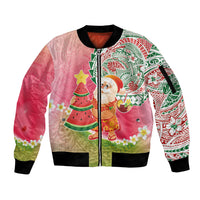 Hawaiian Watermelon Mele Kalikimaka Sleeve Zip Bomber Jacket Tropical Tribal Pattern with Funny Santa Claus LT03 Unisex Multicolor - Polynesian Pride