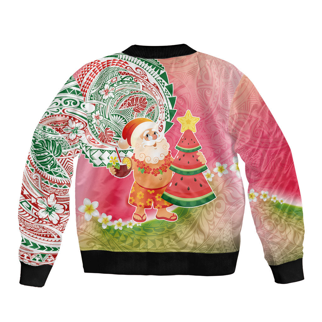 Hawaiian Watermelon Mele Kalikimaka Sleeve Zip Bomber Jacket Tropical Tribal Pattern with Funny Santa Claus LT03 - Polynesian Pride