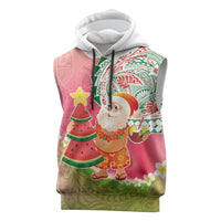Hawaiian Watermelon Mele Kalikimaka Sleeveless Hoodie Tropical Tribal Pattern with Funny Santa Claus LT03 Multicolor - Polynesian Pride