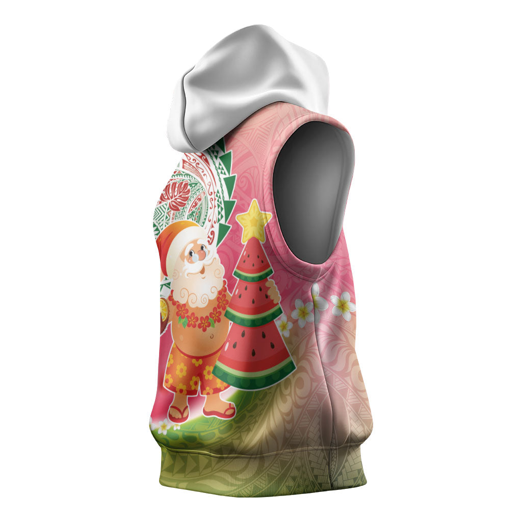 Hawaiian Watermelon Mele Kalikimaka Sleeveless Hoodie Tropical Tribal Pattern with Funny Santa Claus LT03 - Polynesian Pride