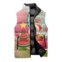 Hawaiian Watermelon Mele Kalikimaka Sleeveless Puffer Jacket Tropical Tribal Pattern with Funny Santa Claus LT03 - Polynesian Pride